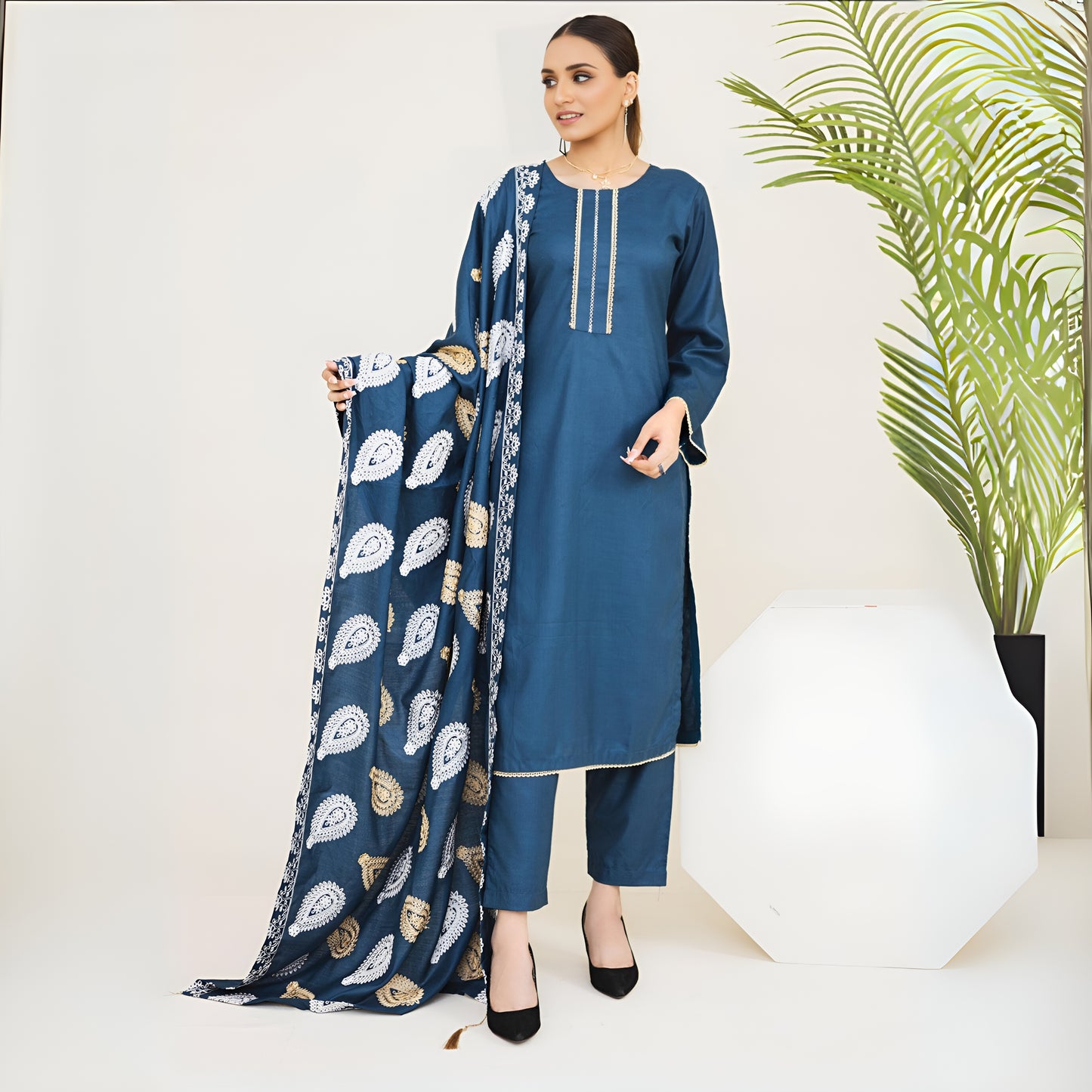 (Teal Blue) 3 Pc Dhanak Dress with Embroidered Dhanak Shawl | Winter Collection | Rangz