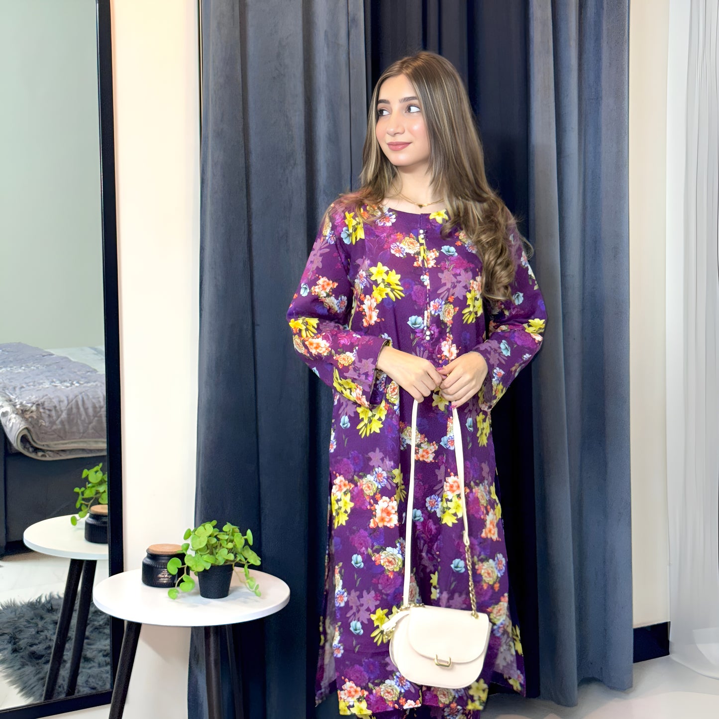 (Purple) 2 Pc floral Printed Khaddar Pakistani Co-Ords Set | Ready to wear| Naubahar