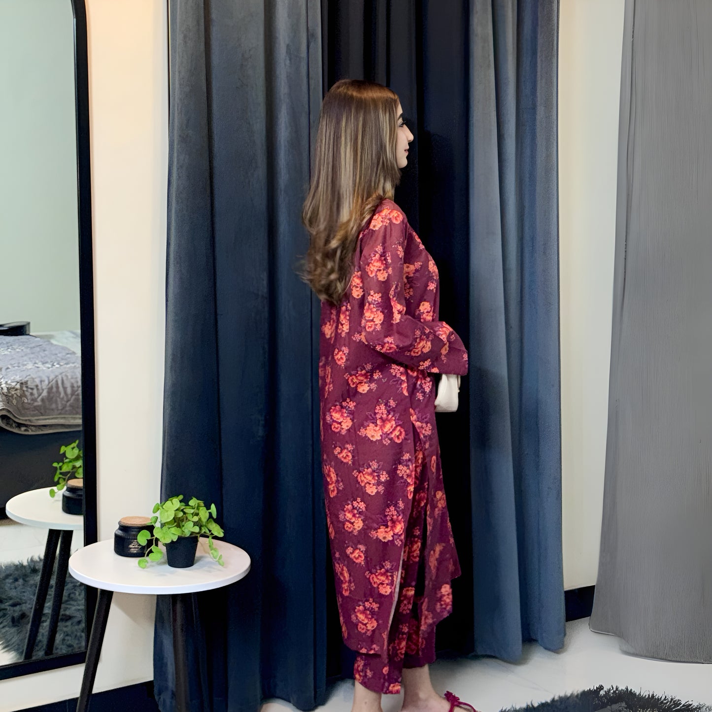 (Maroon) 2 Pc floral Printed Khaddar Pakistani Co-Ords Set | Ready to wear| Naubahar