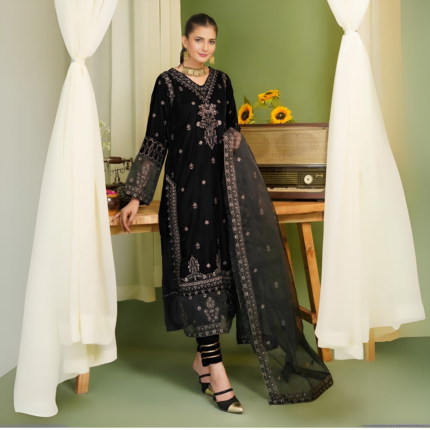 (Black) Luxury Velvet Ready to Wear Embroidered Collection by Simrans