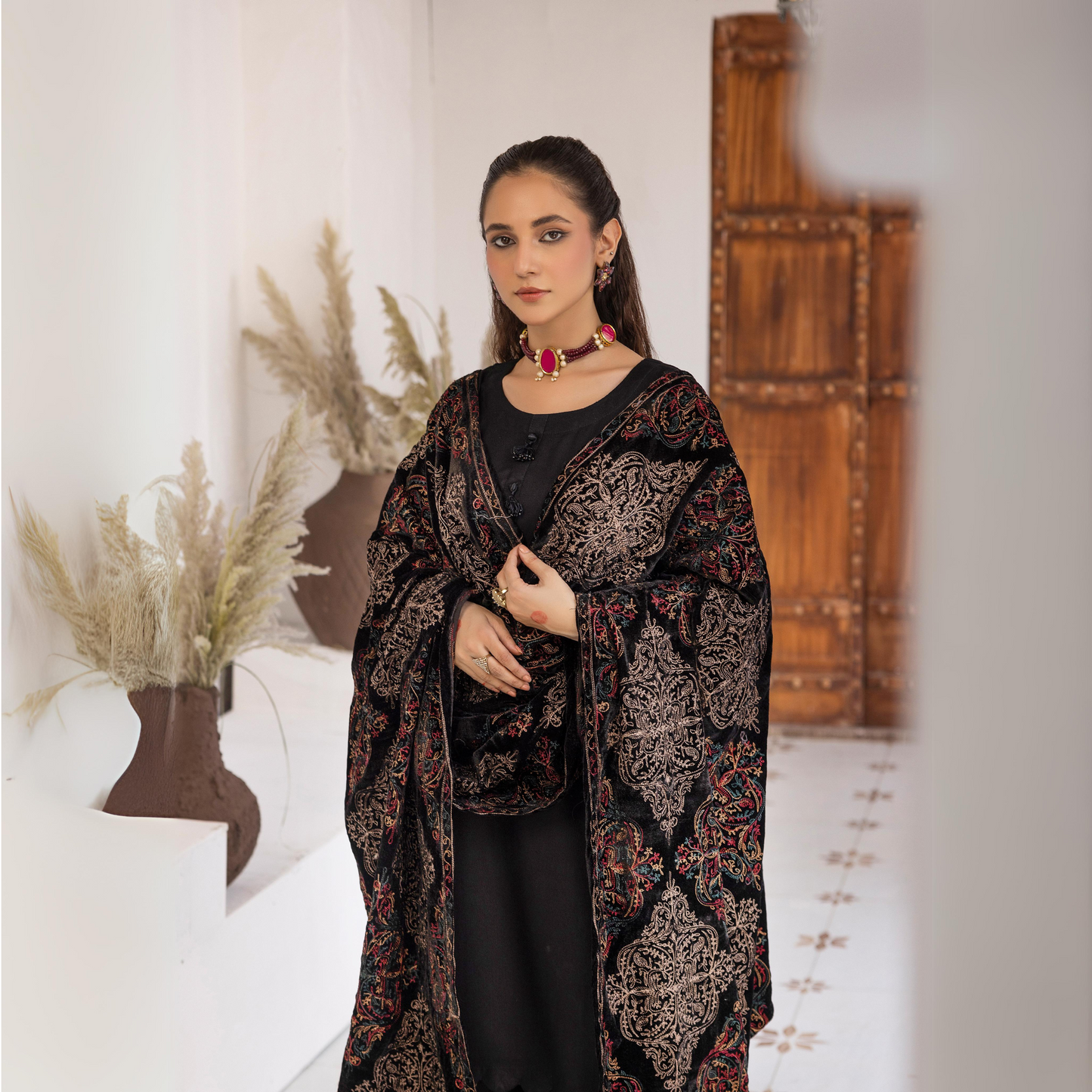 Dhanak Dress Heavily Embroidered Velvet Shawl 3 Pc Ready-to-wear by SIMRANS