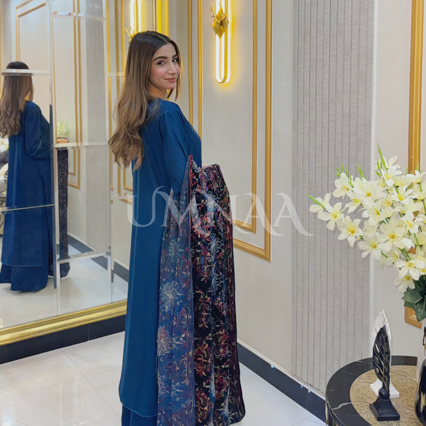 UA-32 Dhanak Dress Embroidered Velvet Shawl 3 Pc | Ready to wear | UMNAA