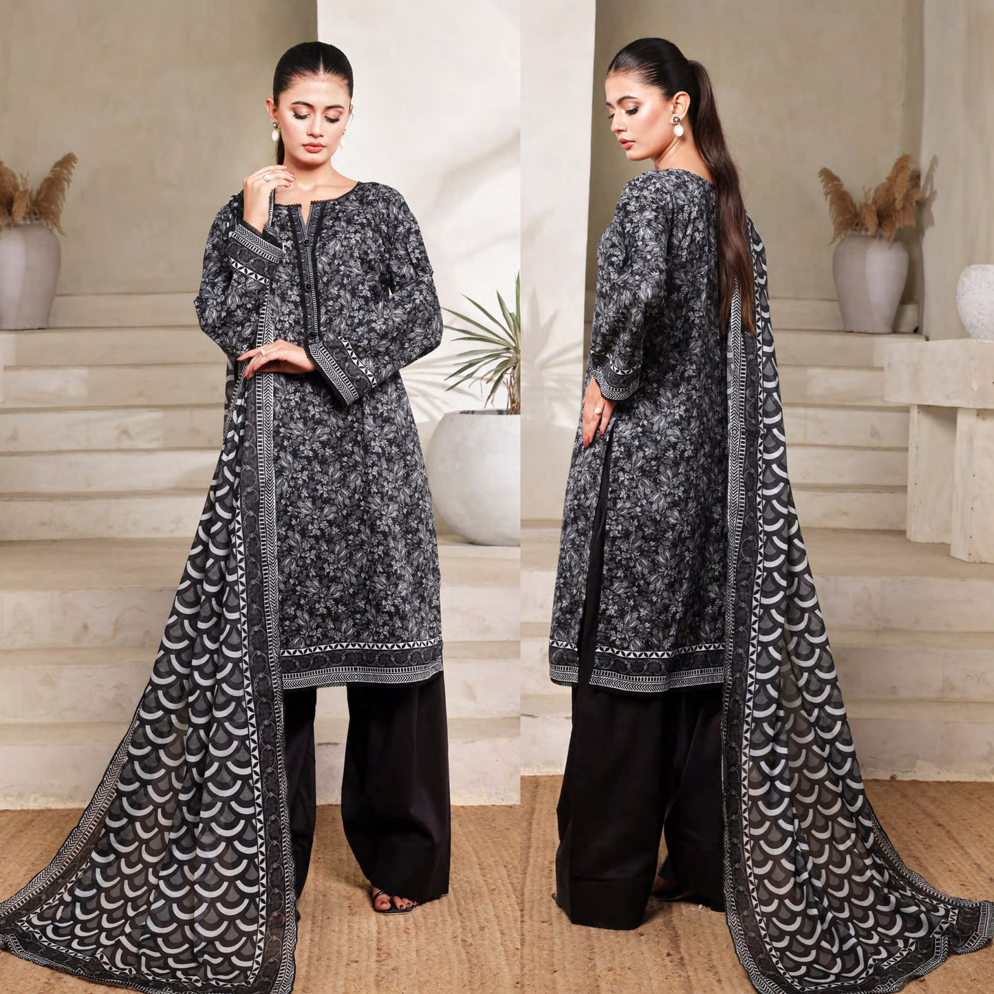 3 Pc Printed Lawn Monochrome Collection - Saphron