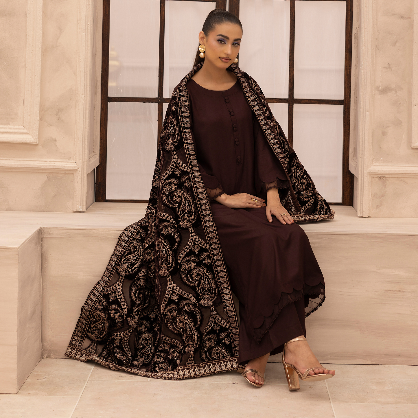 UMS-37 Hanna by Simrans Embroidered Dhanak Dress with Winter Laser Cut Shawl | Ready to Wear | Asian Clothes