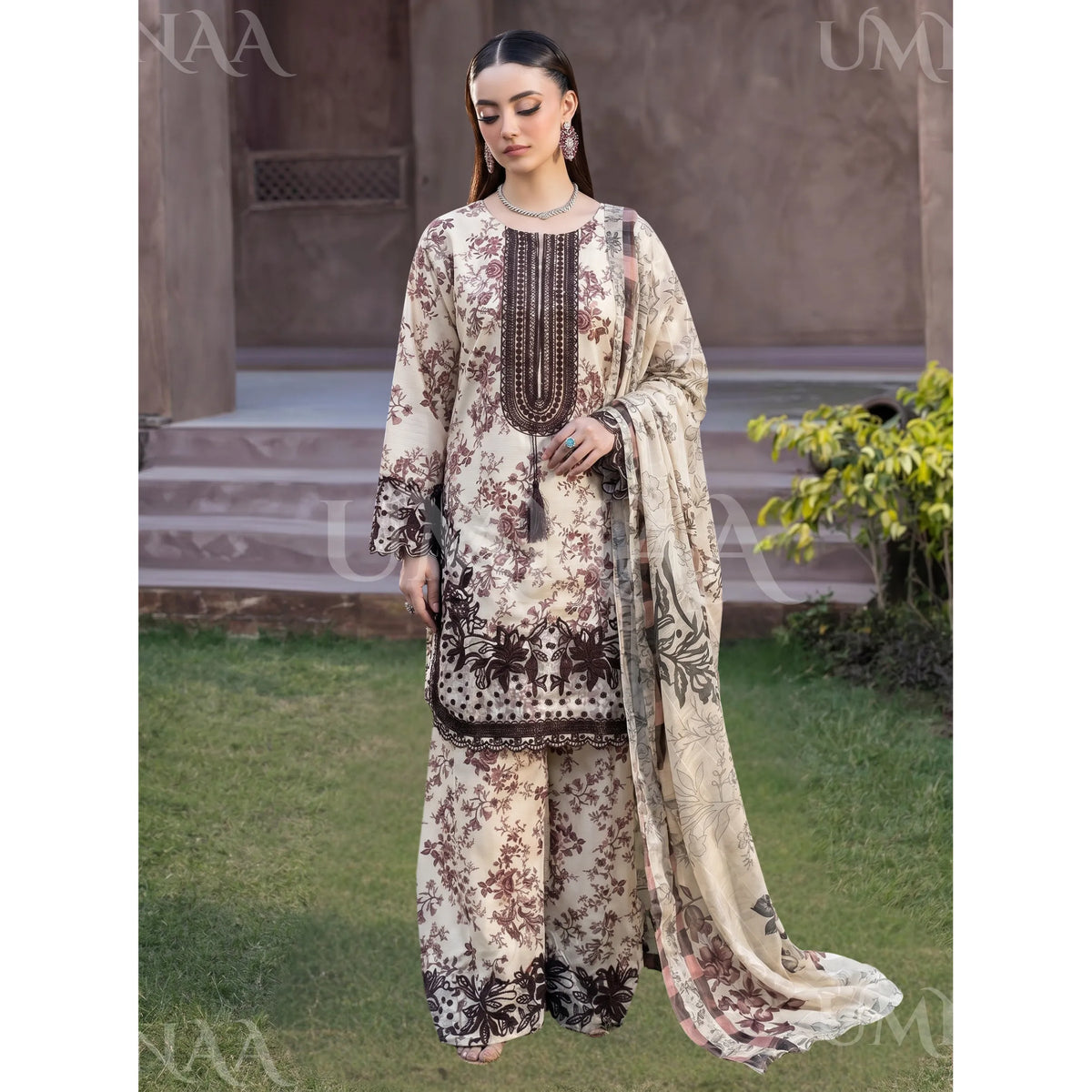 UA-212 Embroidered Printed Slub Poly Lawn Farshi Shalwar Collection by Umnaa | Ready to Wear Pakistani Asian Clothing