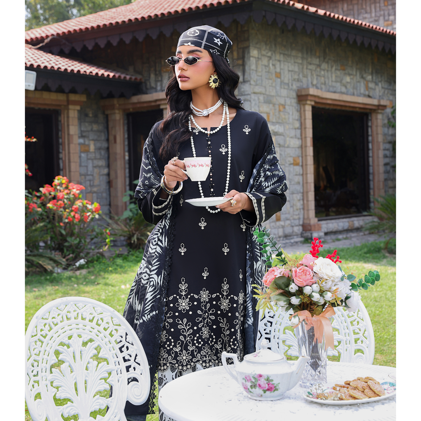(Black & White) trendy Farshi Shalwar Embroidered Cambric Cotton Embroidered Dress | Ready to Wear | Heera's