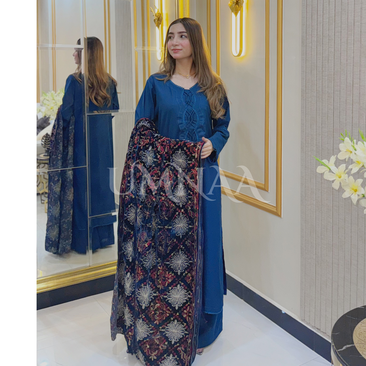 UA-32 Dhanak Dress Embroidered Velvet Shawl 3 Pc | Ready to wear | UMNAA