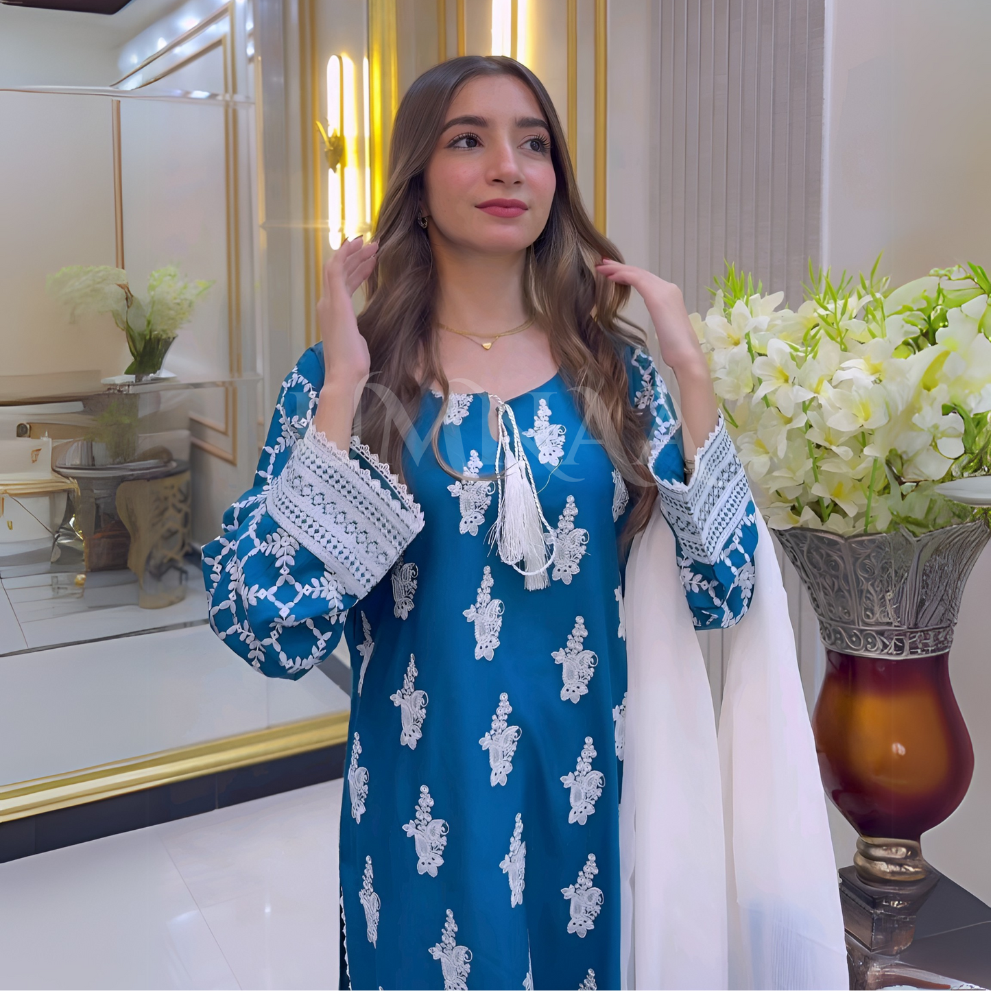 UA-57 3 Pc Luxury mother daughter Embroidered Linen Collection- Umnaa