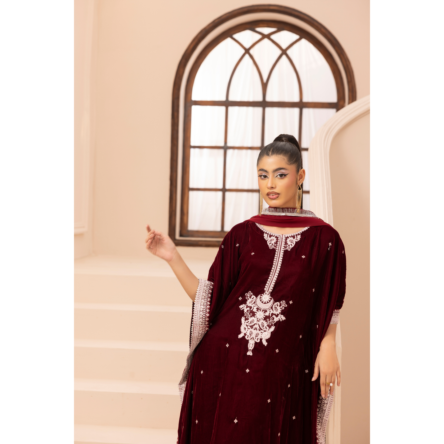 UMS-39 Zayna by Simrans Velvet Kaftan Embroidered 3 Pc Collection Asian Clothes | Modest Wear