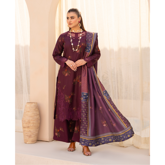 RA-24 Embroidered Printed Dhanak dress with Wool Shawl by Raniya.h
