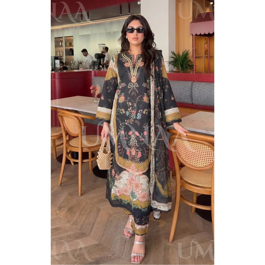 UA-228 Printed Lawn Long Kaftan Style 3 Piece Casual Summer Collection by Umnaa
