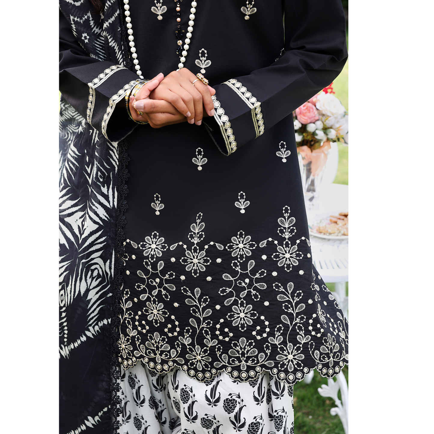 (Black & White) trendy Farshi Shalwar Embroidered Cambric Cotton Embroidered Dress | Ready to Wear | Heera's