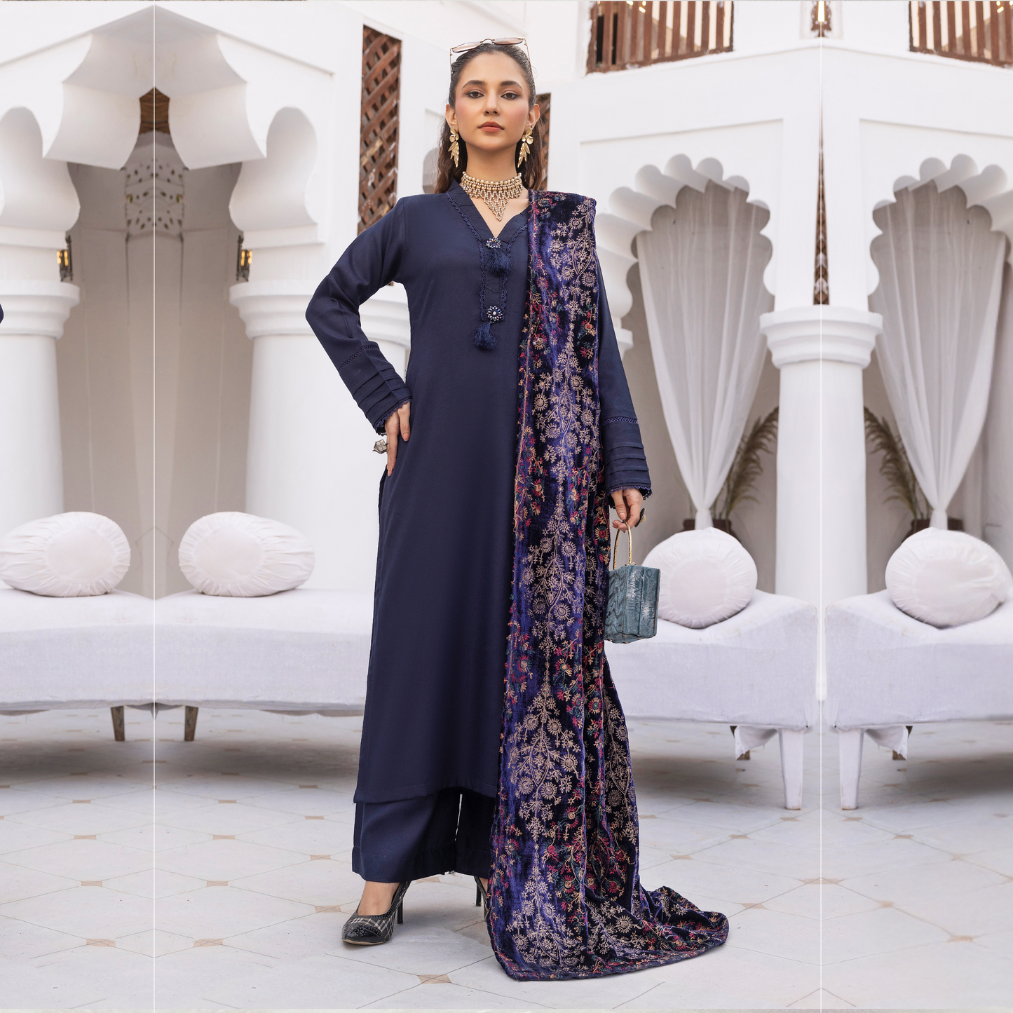 Dhanak Dress Heavily Embroidered Velvet Shawl 3 Pc Ready-to-wear by SIMRANS