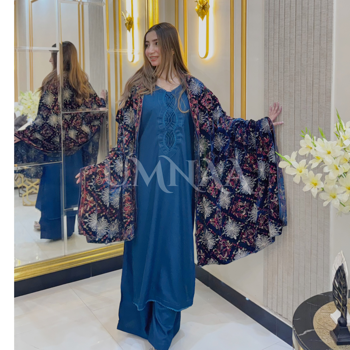UA-32 Dhanak Dress Embroidered Velvet Shawl 3 Pc | Ready to wear | UMNAA