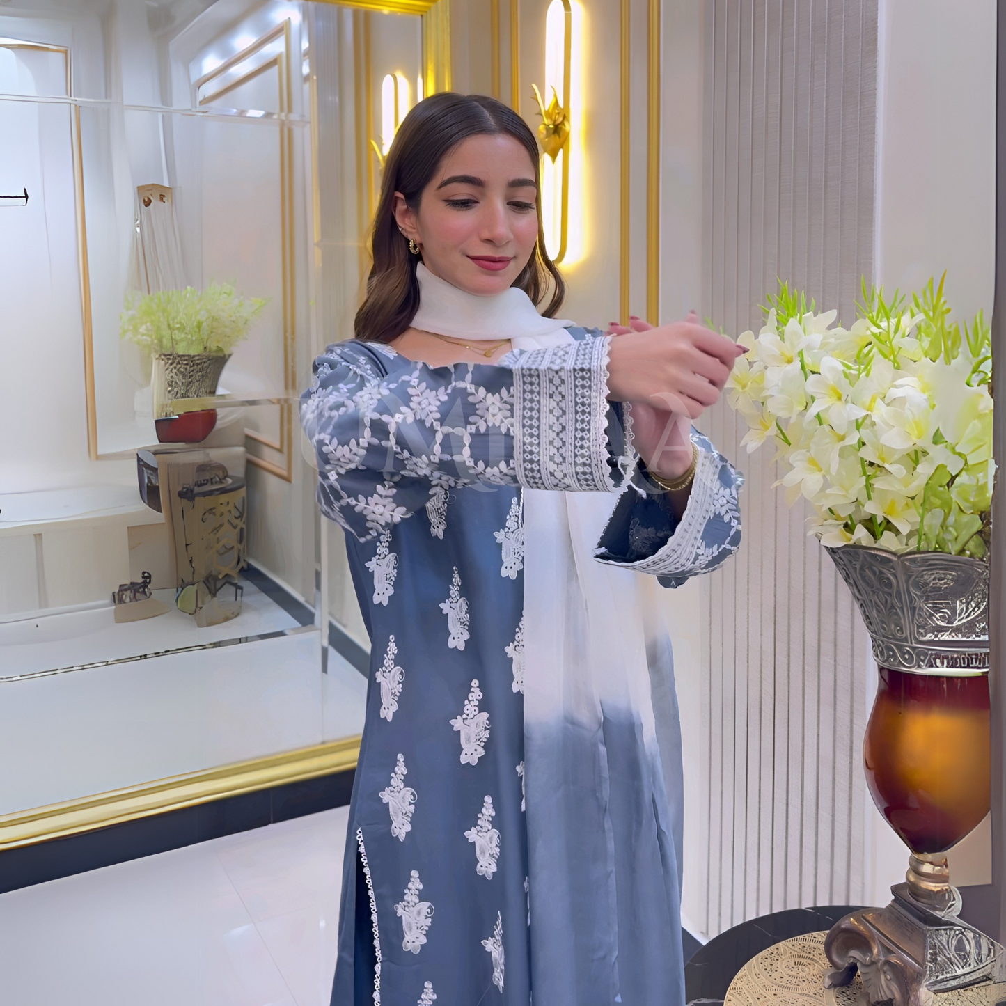 UA-57 3 Pc Luxury mother daughter Embroidered Linen Collection- Umnaa