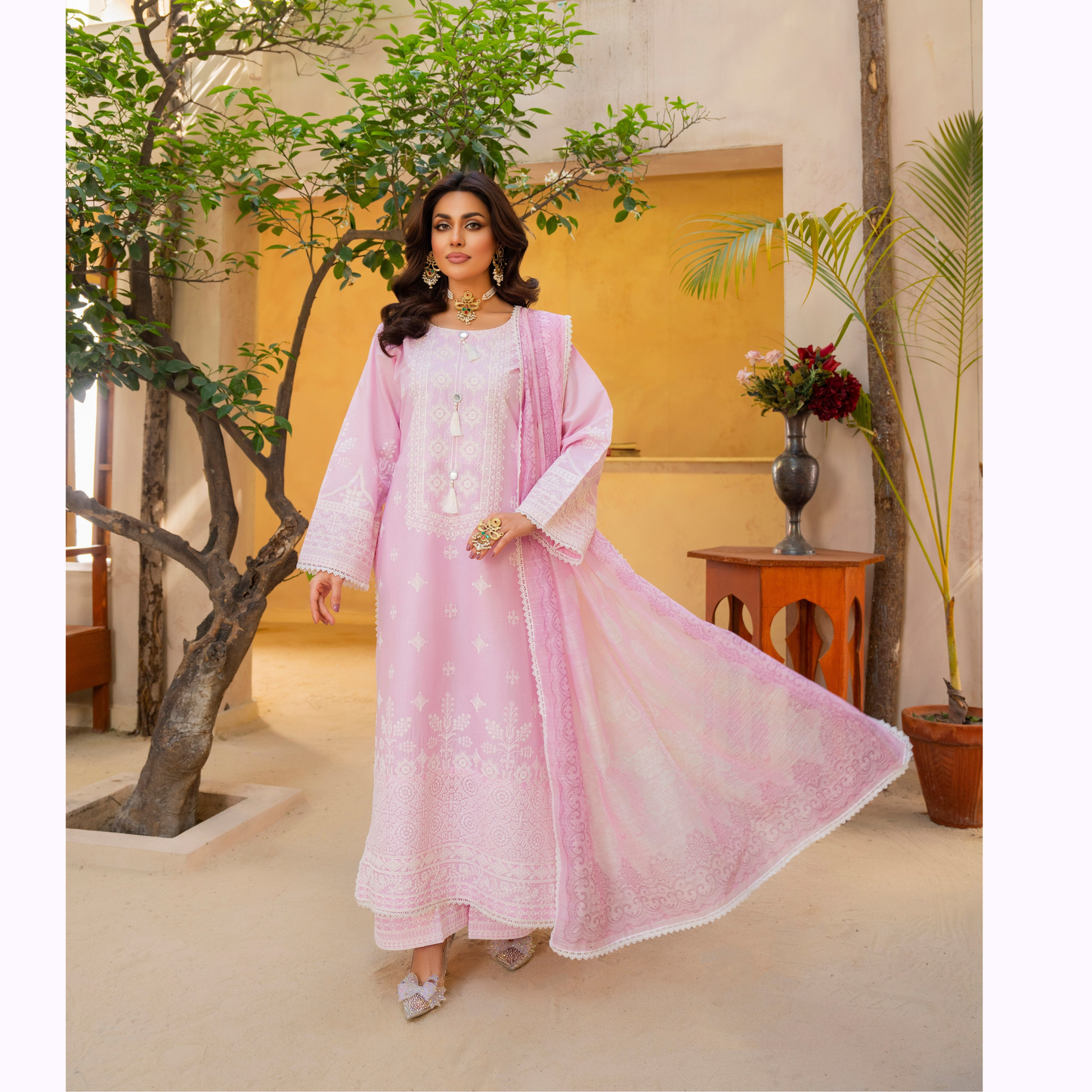 KC-1442 Embroidered Chikankari Cambric Cotton Dress Ready to Wear 3 Pc - Karma Collection