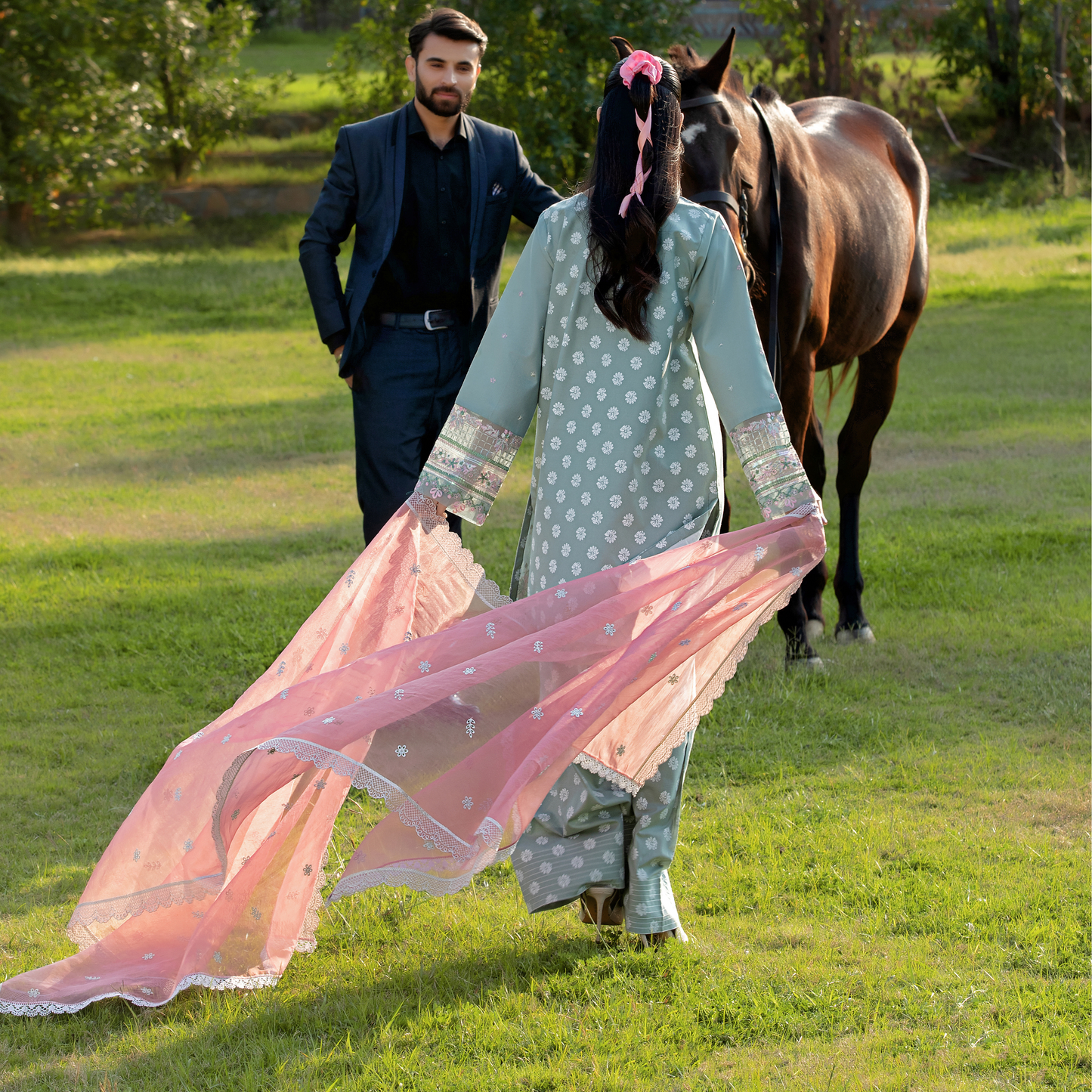 UHE-52 (Light pistachio) 3 Pc Embroidered Cambric Cotton trending Farshi Shalwar ready to wear Dress | Summer Wear | Heera's