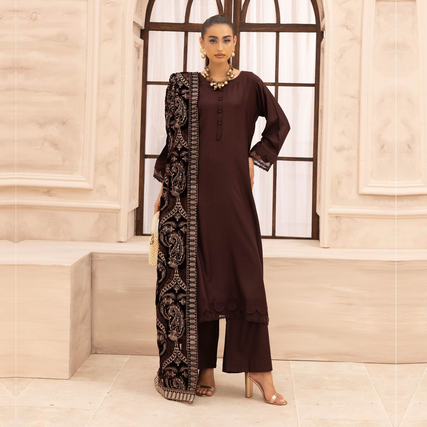 UMS-37 Hanna by Simrans Embroidered Dhanak Dress with Winter Laser Cut Shawl | Ready to Wear | Asian Clothes