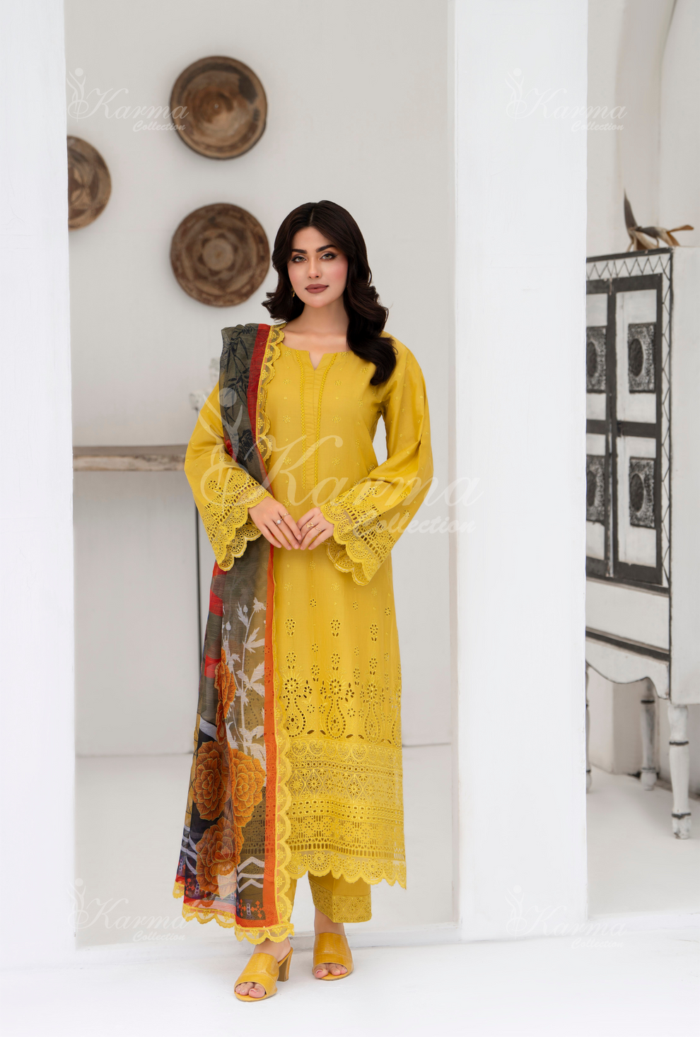 KC- 1385 | Mustard | 3 Pc | Chikenkari Cotton Lawn | Karma Collection