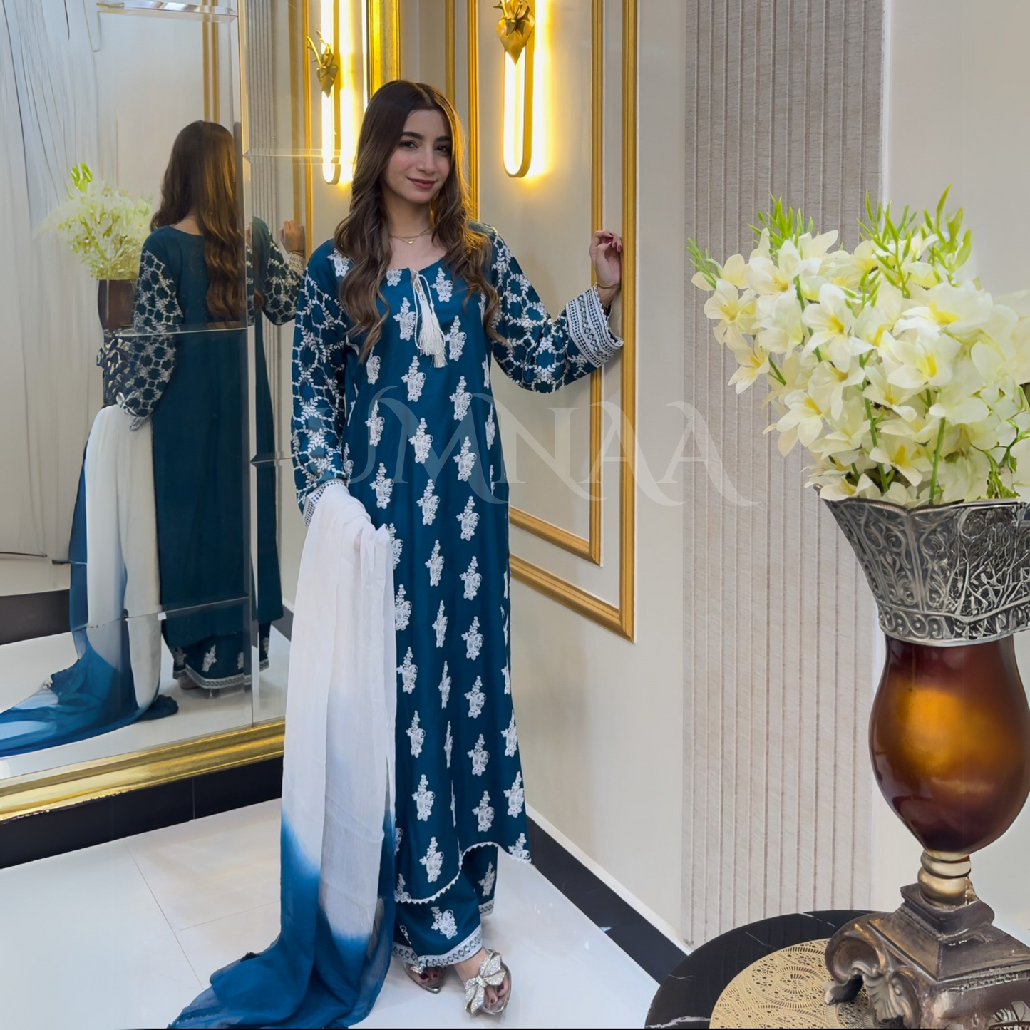UA-57 3 Pc Luxury mother daughter Embroidered Linen Collection- Umnaa