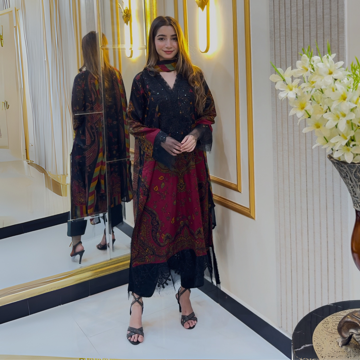 UA-66 (BLACK) Embroidered Cambric Cotton 3 Pc Pakistani Dress | UMNAA