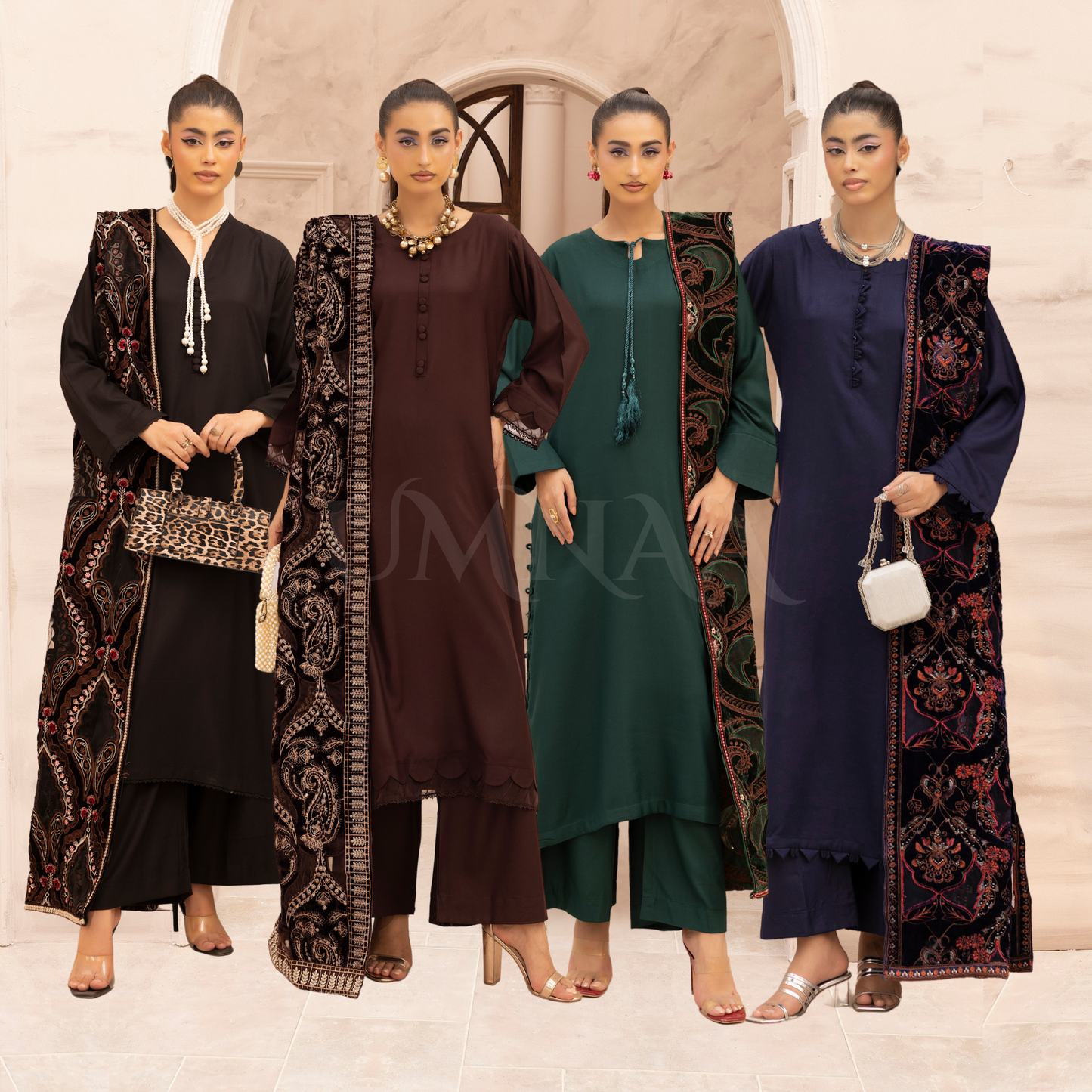 UMS-37 Hanna by Simrans Embroidered Dhanak Dress with Winter Laser Cut Shawl | Ready to Wear | Asian Clothes