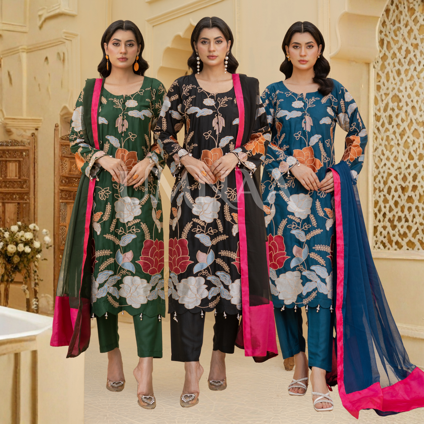UA-128 3 Pc Embroidered Linen Collection Pakistani Dress Asian Clothes