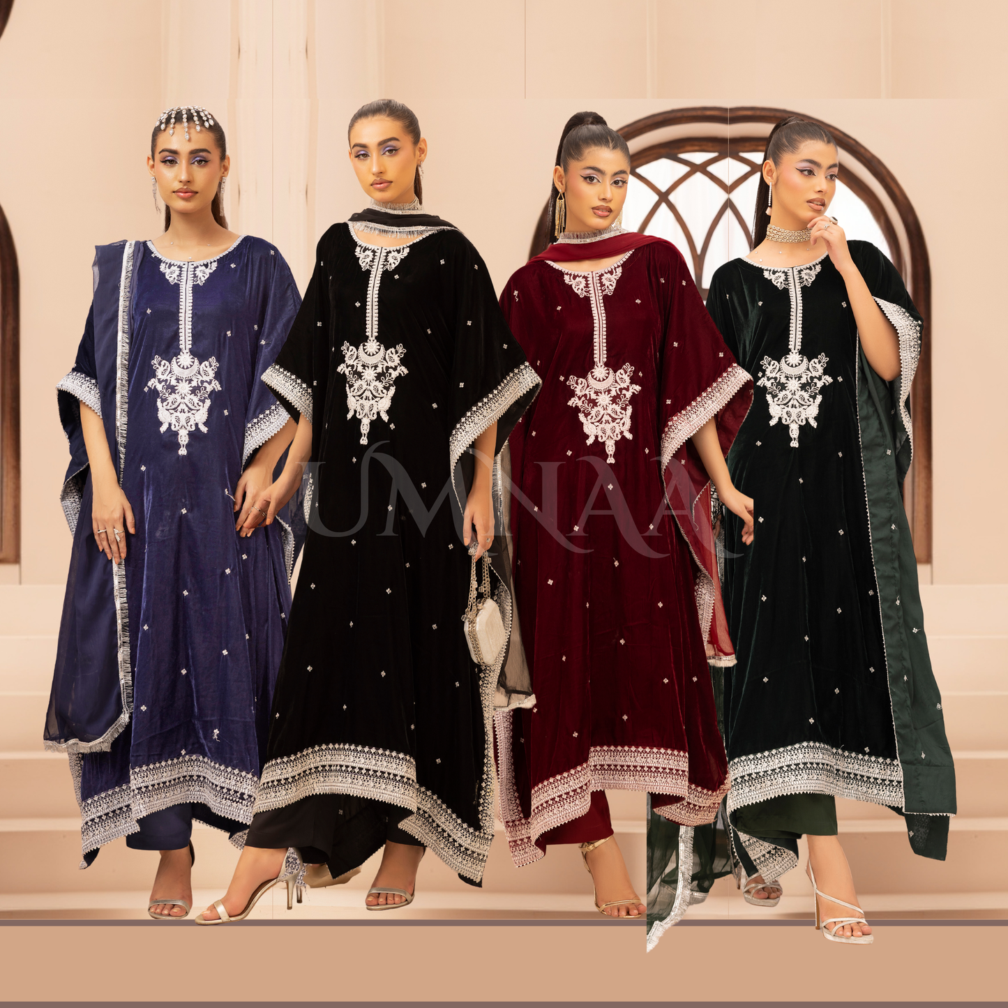 UMS-39 Zayna by Simrans Velvet Kaftan Embroidered 3 Pc Collection Asian Clothes | Modest Wear
