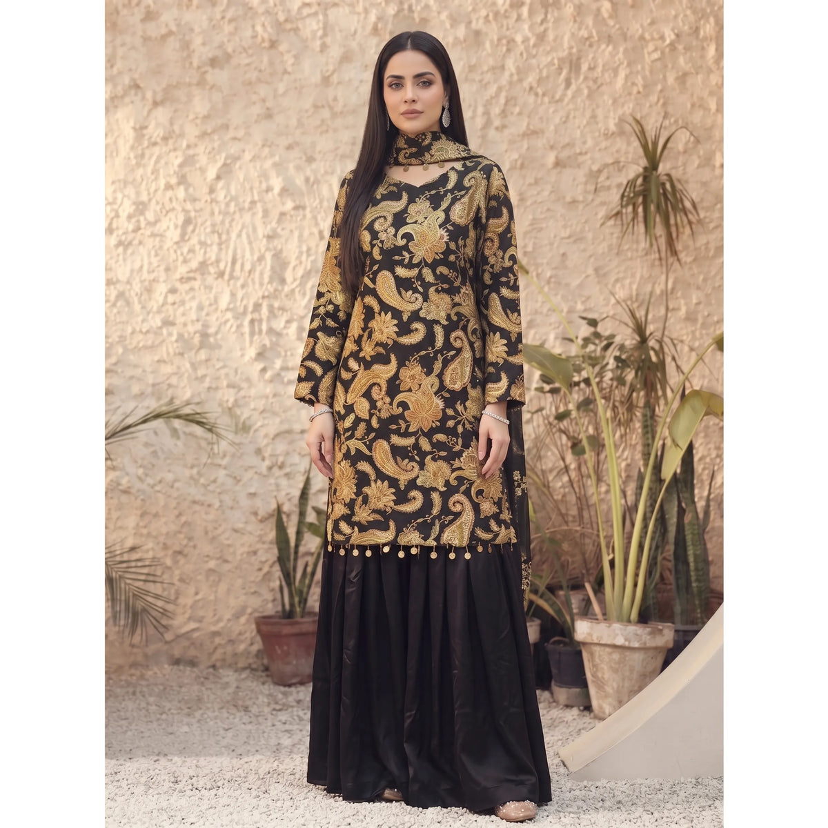 UA-245 Trendy Indian Armani Silk 3 Piece Suit by Umnaa | Embroidered Kameez with Shamoos Silk Bengali Shararah & Chiffon Dupatta | Festive & Party Wear