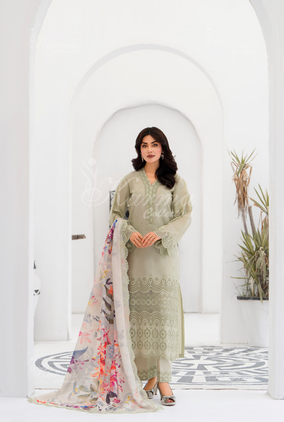 KC- 1386 | Greyish Green | 3 Pc | Chikenkari Cotton Lawn | Karma Collection