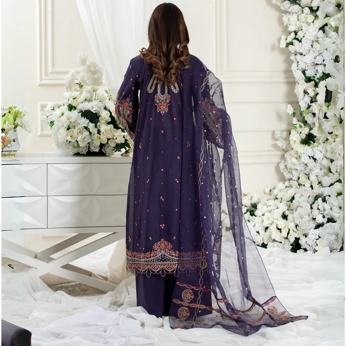 (Blue) 3 Pc Embroidered Viscose Ready to Wear Dress | Winter Wear | Heera's