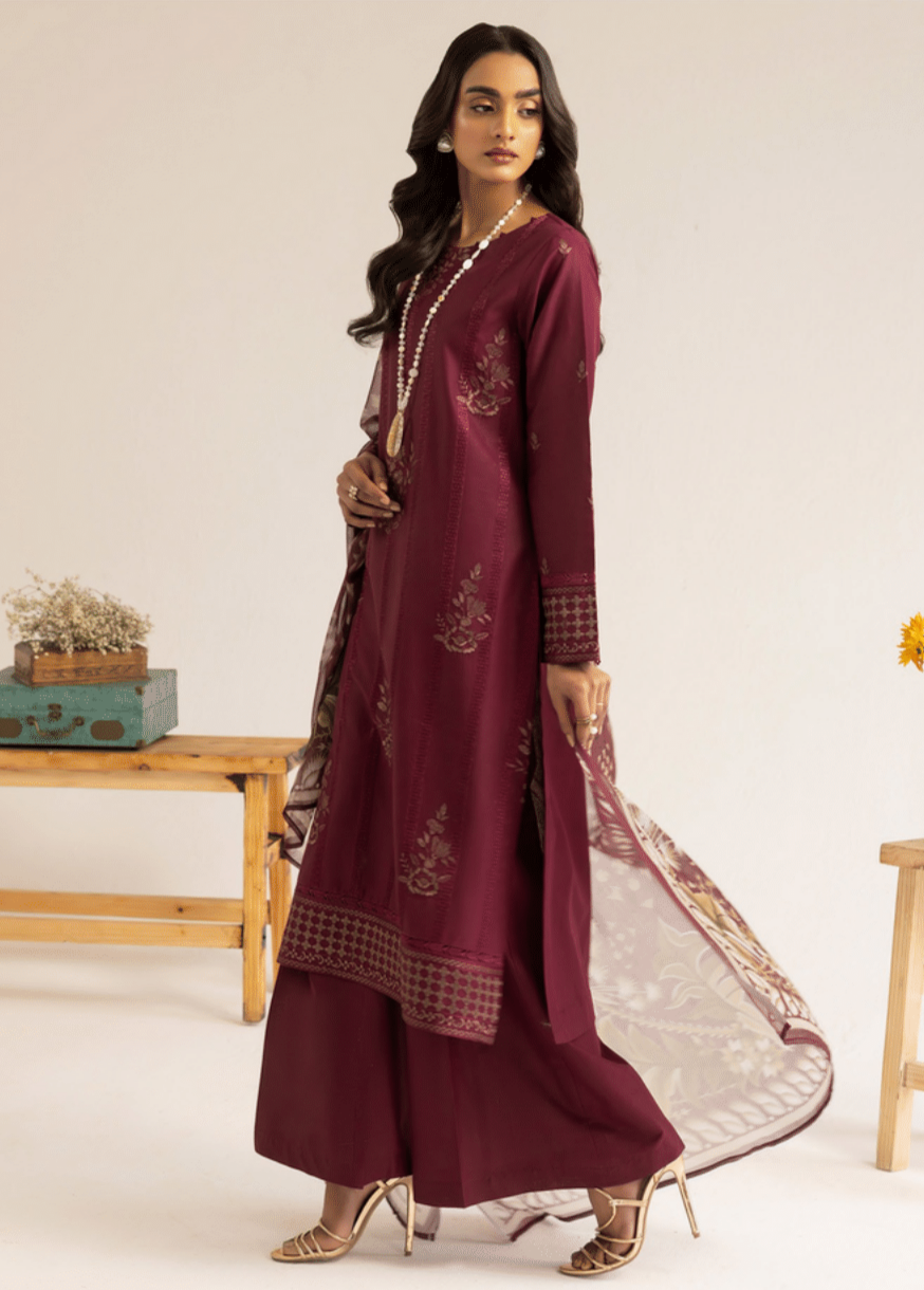 Maroon 3 Piece Embroidered Lawn Dress - Esra Fashion