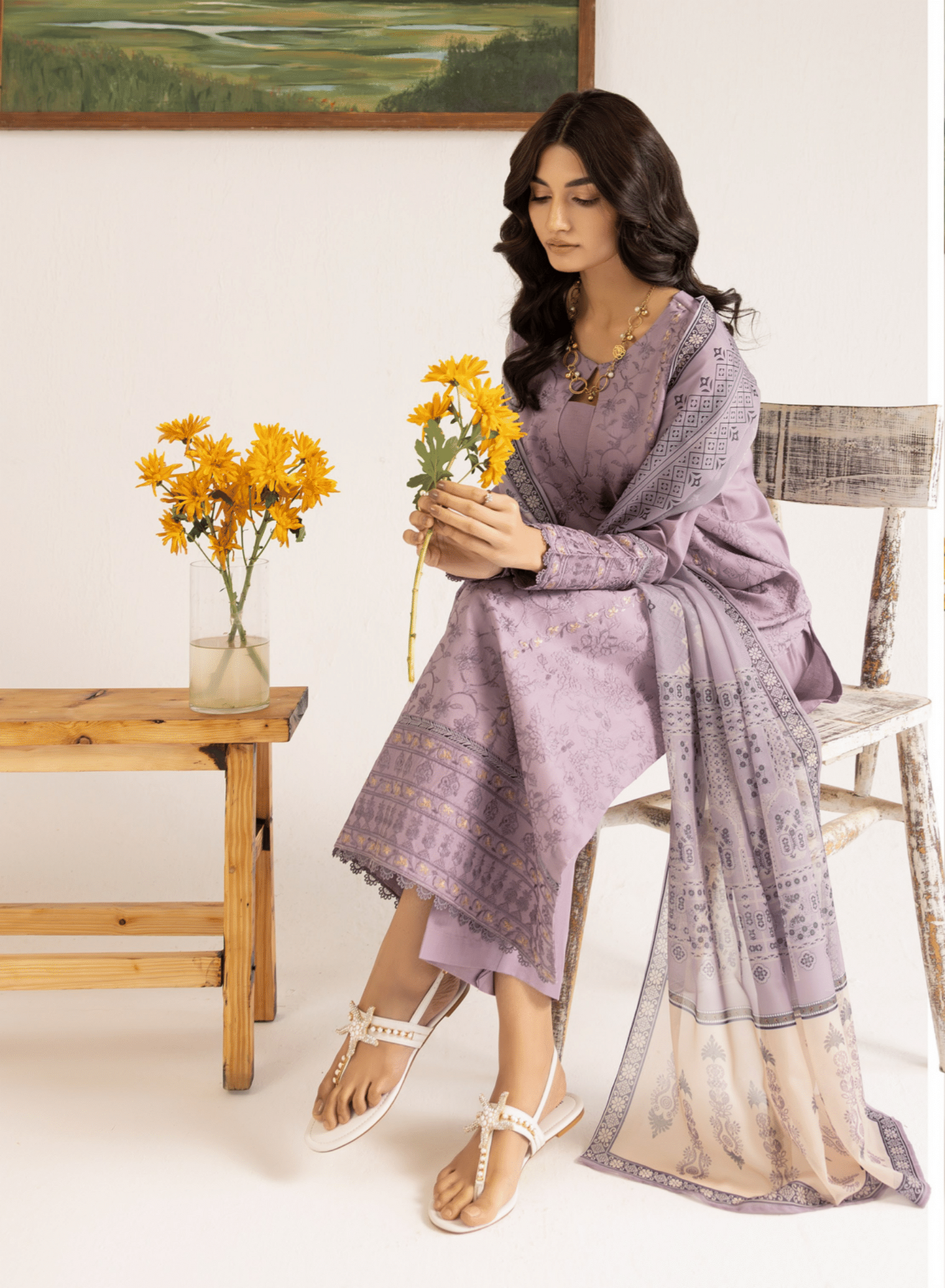 Lilac 3 Piece Embroidered Lawn Dress - Esra Fashion