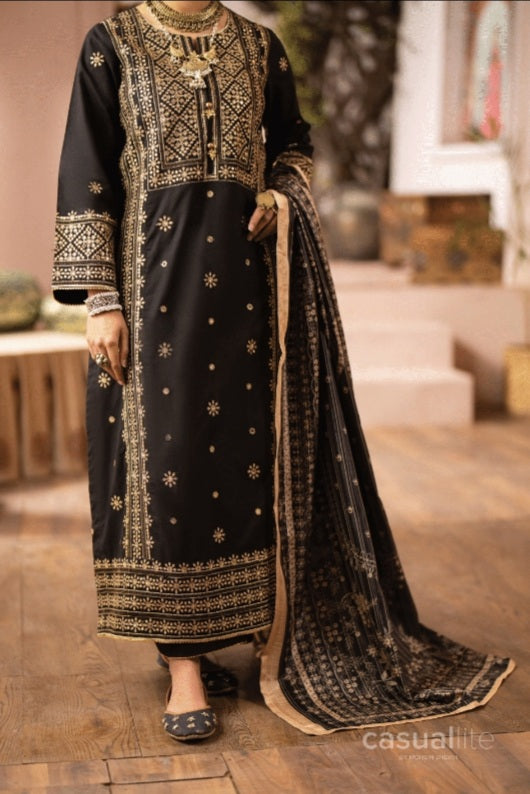 (Black) 3 Pc Embroidered Cotton Collection - Casual lite