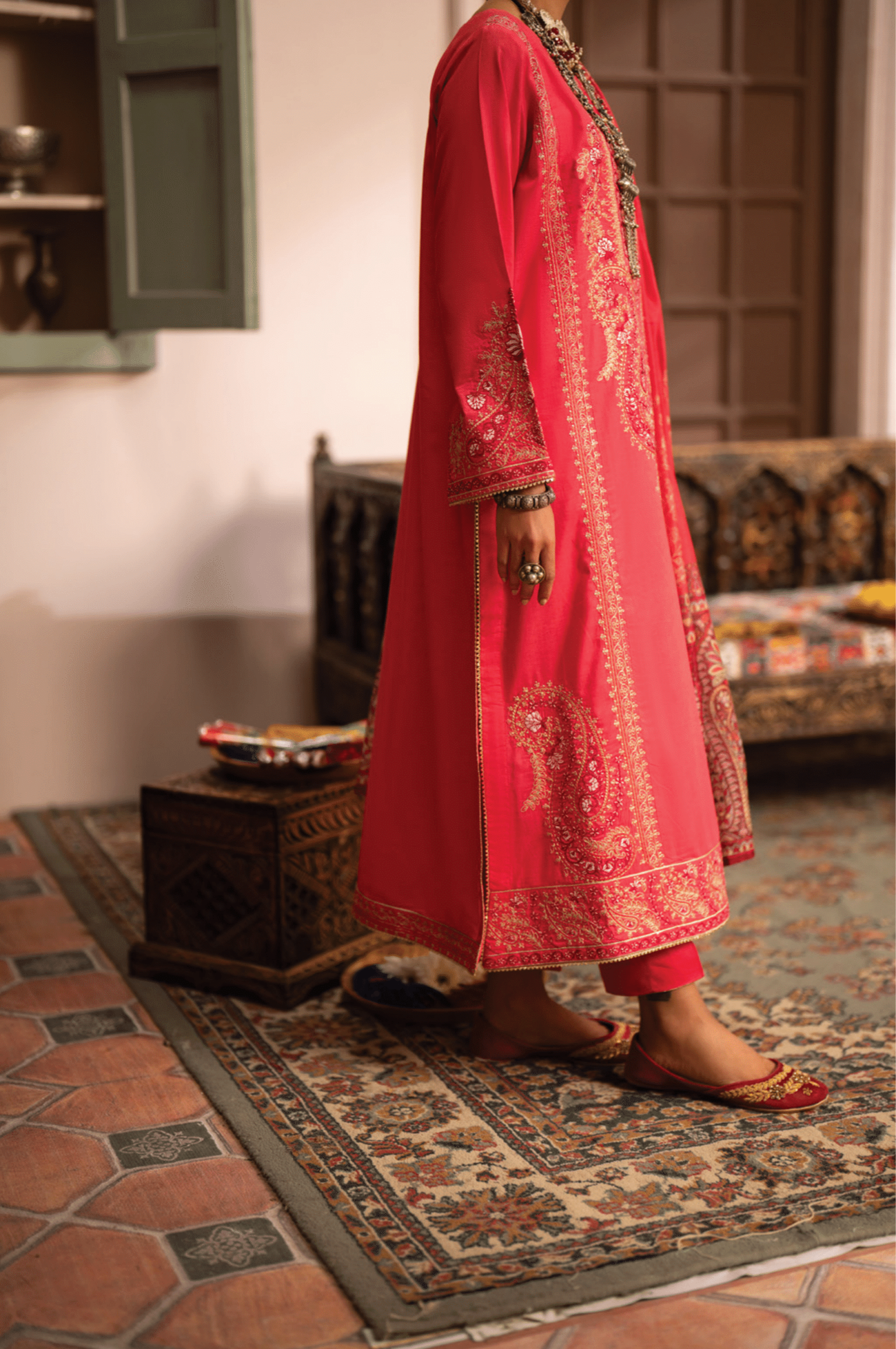 (Watermelon Pink) 3 Pc Cotton Embroidered Suit - Casuallite