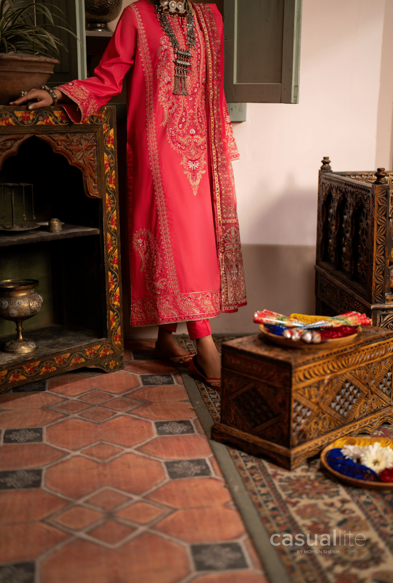 (Watermelon Pink) 3 Pc Cotton Embroidered Suit - Casuallite