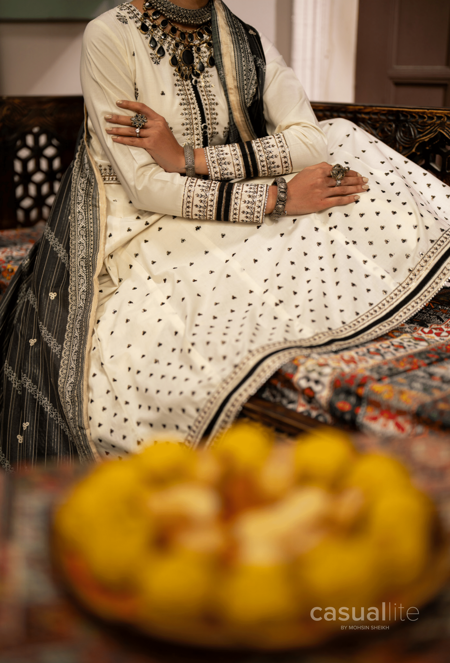 (White) 3 Pc Cotton Embroidered Suit - Casuallite