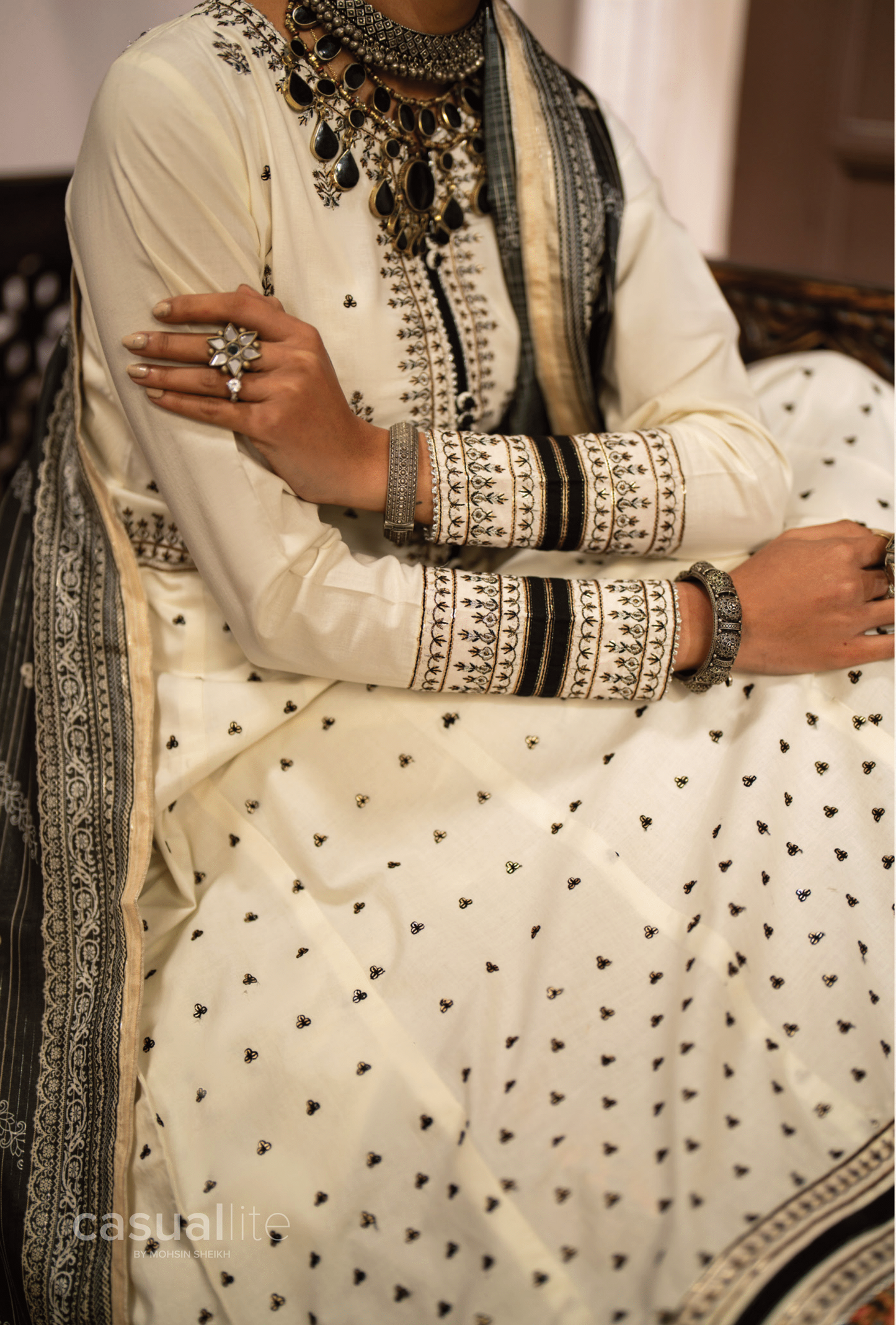 (White) 3 Pc Cotton Embroidered Suit - Casuallite