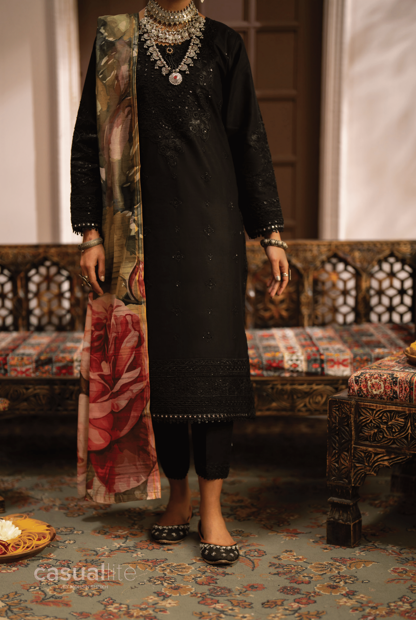(Black) 3 Pc Cotton Embroidered Suit - Casuallite