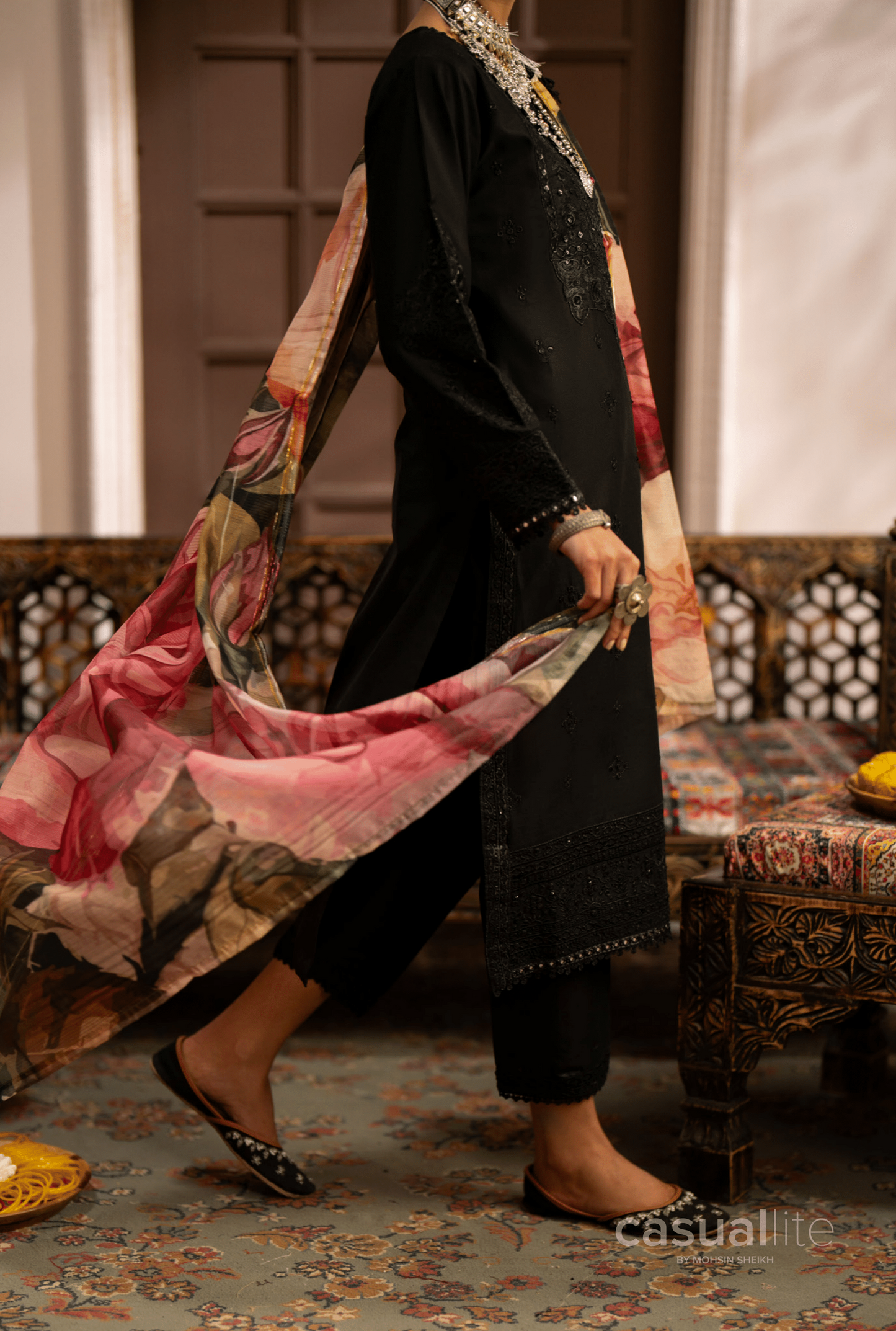 (Black) 3 Pc Cotton Embroidered Suit - Casuallite