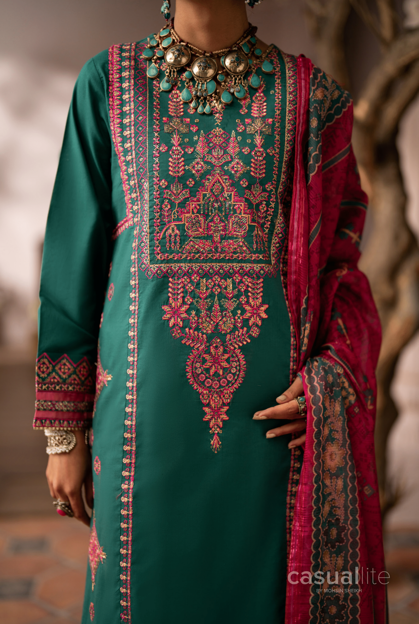 (Teal) 3 Pc Cotton Embroidered Suit - Casuallite