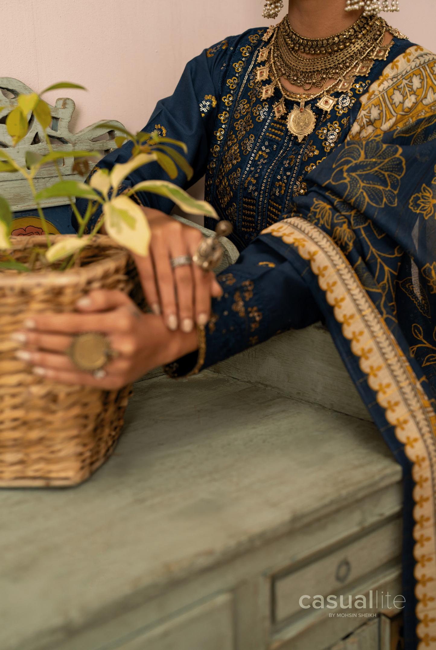 (Blue) 3 Pc Cotton Embroidered Suit - Casuallite