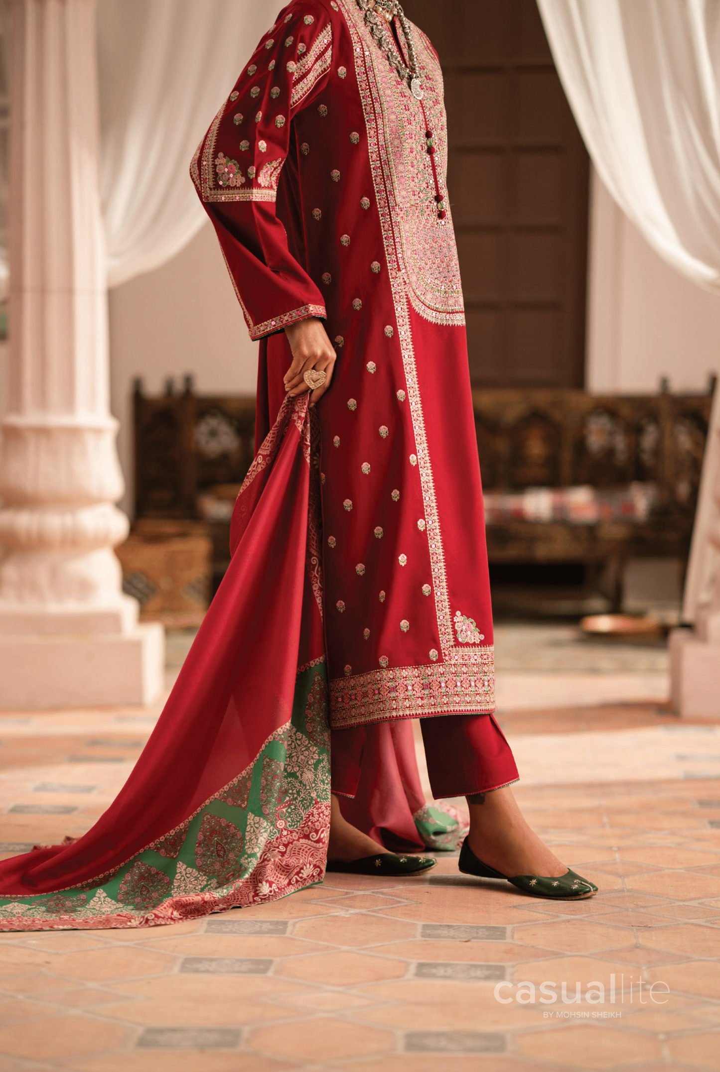 (Red) 3 Pc Cotton Embroidered Suit - Casuallite