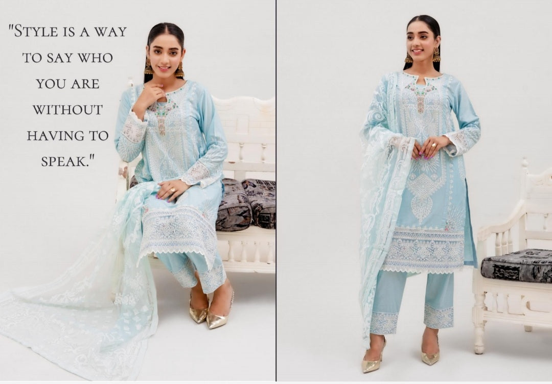 Sea Green 3 Pc Festive Embroidered Cotton dress - Rangz