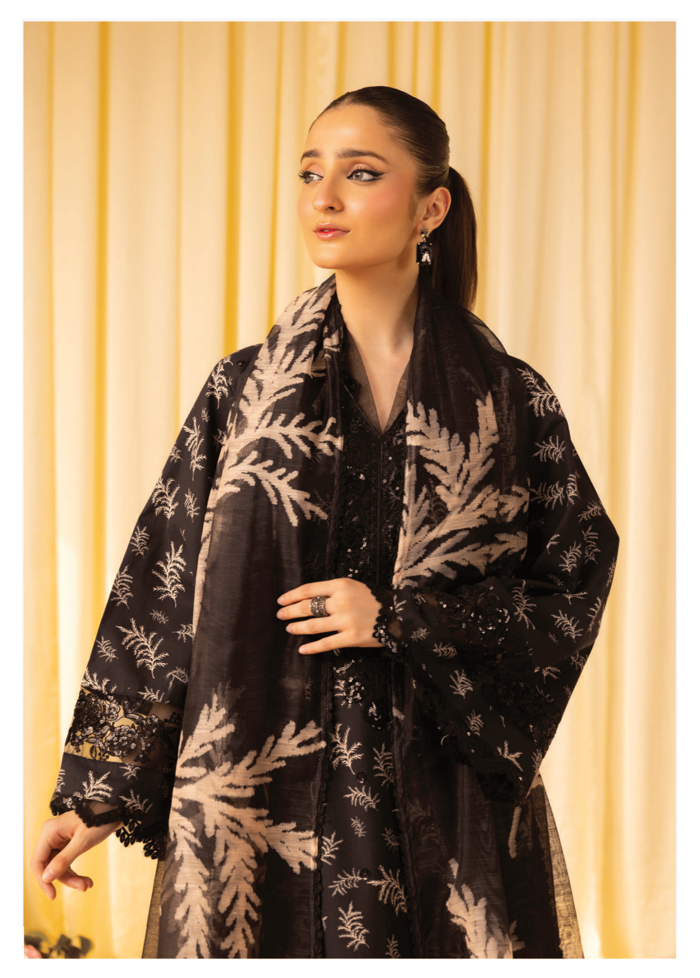 Black 3 Pc Printed embroidered lawn dress - Muskin