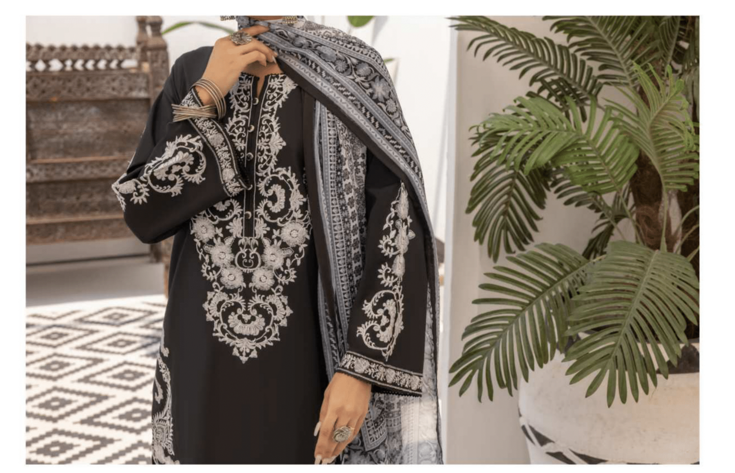 Monochrome 3 Pc Embroidered Cotton Lawn Dress - Casuallite