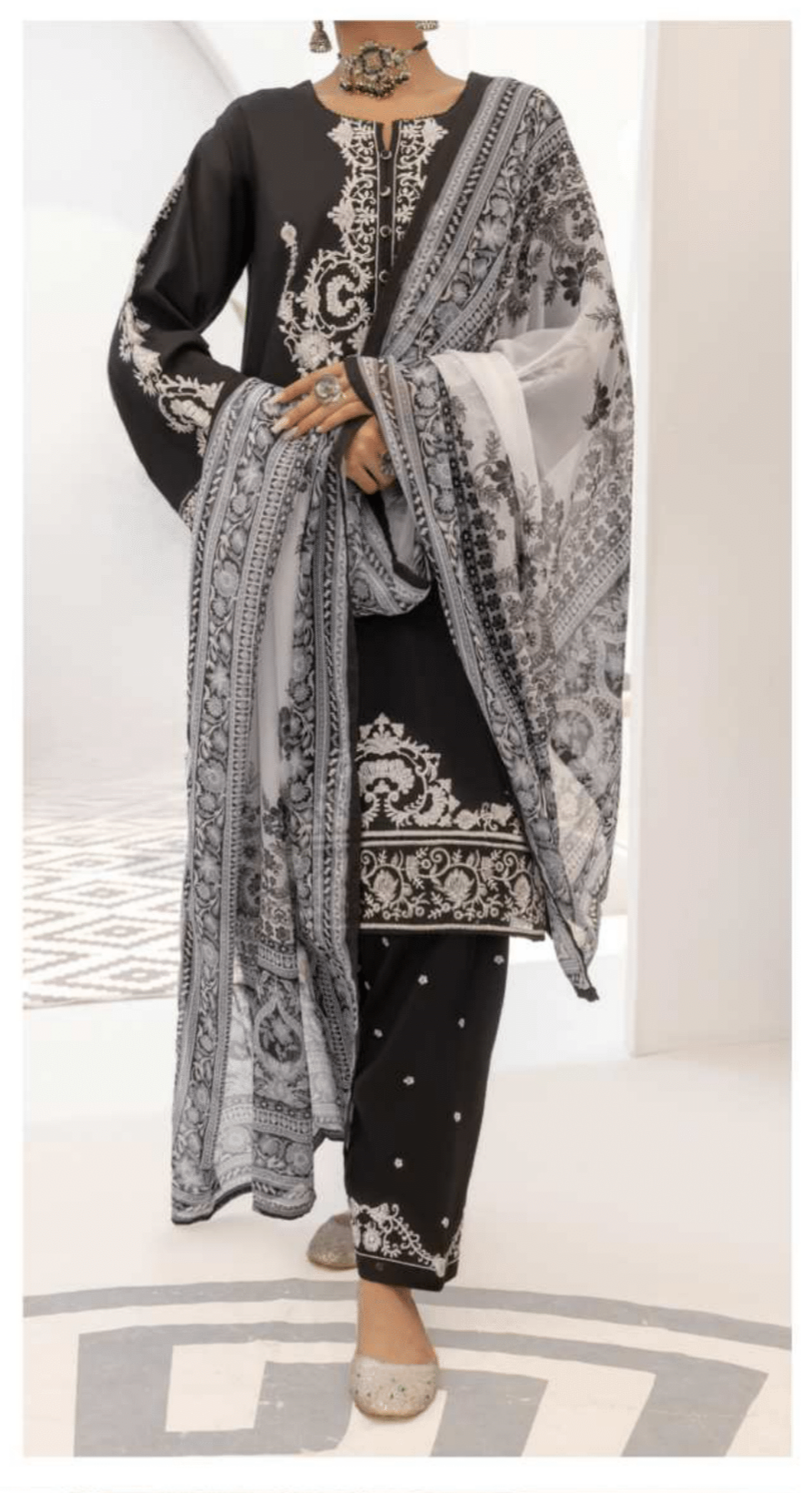 Monochrome 3 Pc Embroidered Cotton Lawn Dress - Casuallite