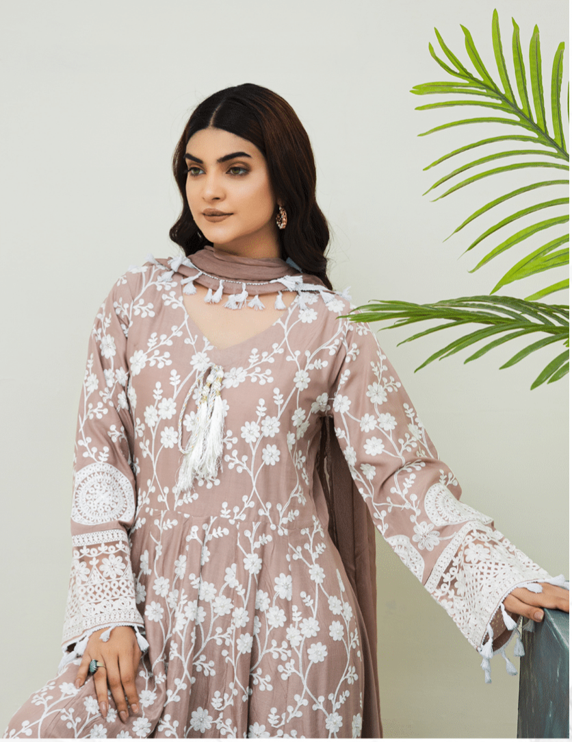 Cavern Pink | Embroidered Linen Long Maxi | Ready to Wear 3 Pc dress - Rangz
