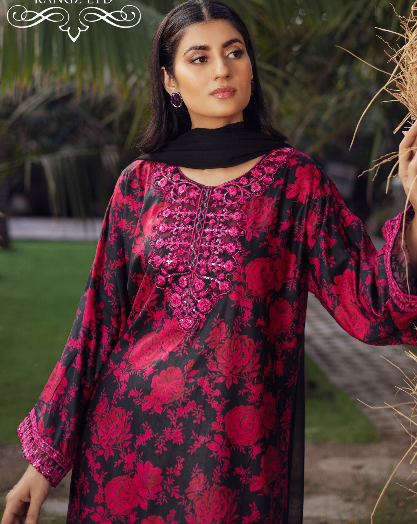 Black & Pink | Printed Linen Shirt & Trouser With Chiffon Dupatta| Ready to Wear 3 Pc dress - Rangz