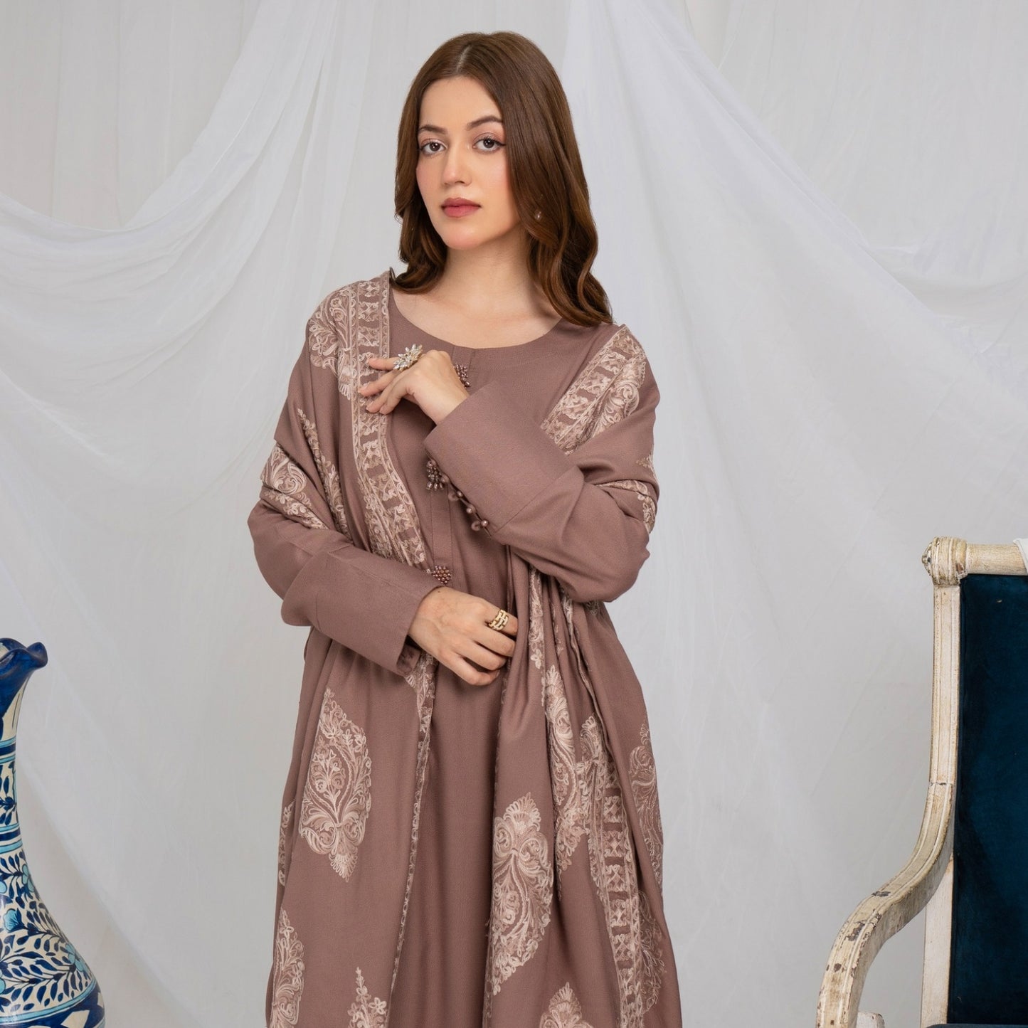 (dark chestnut ) 3 Pc Dhanak Shirt & trouser with Dhanak Shawl | Winter Collection | SIMRANS